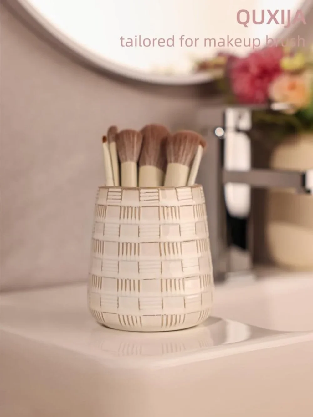 Elegant Ceramic Makeup Brush Holder - Vintage White Vanity Organizer, Easy to